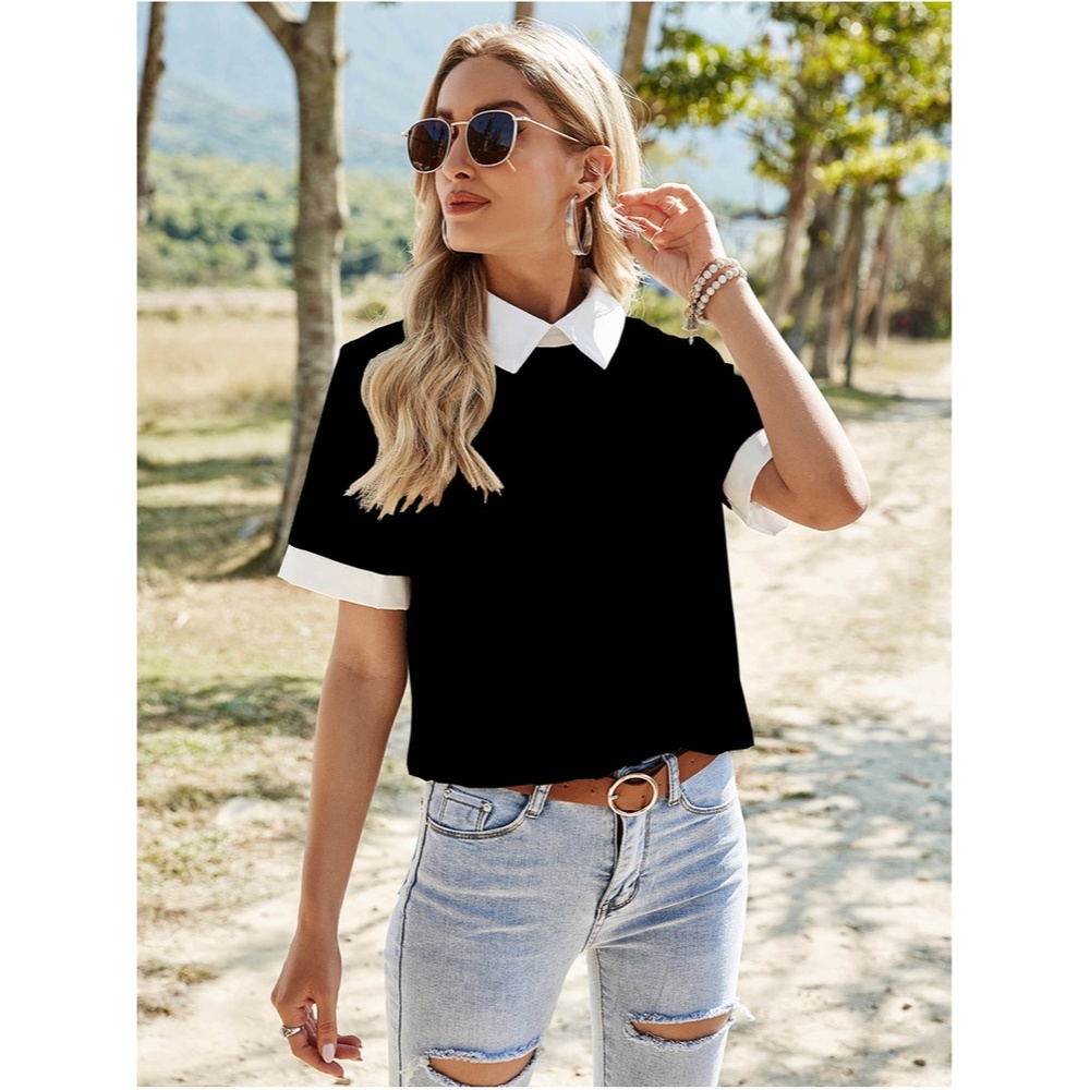 Black Blouse Shirt White Collar - Picture 3 of 12